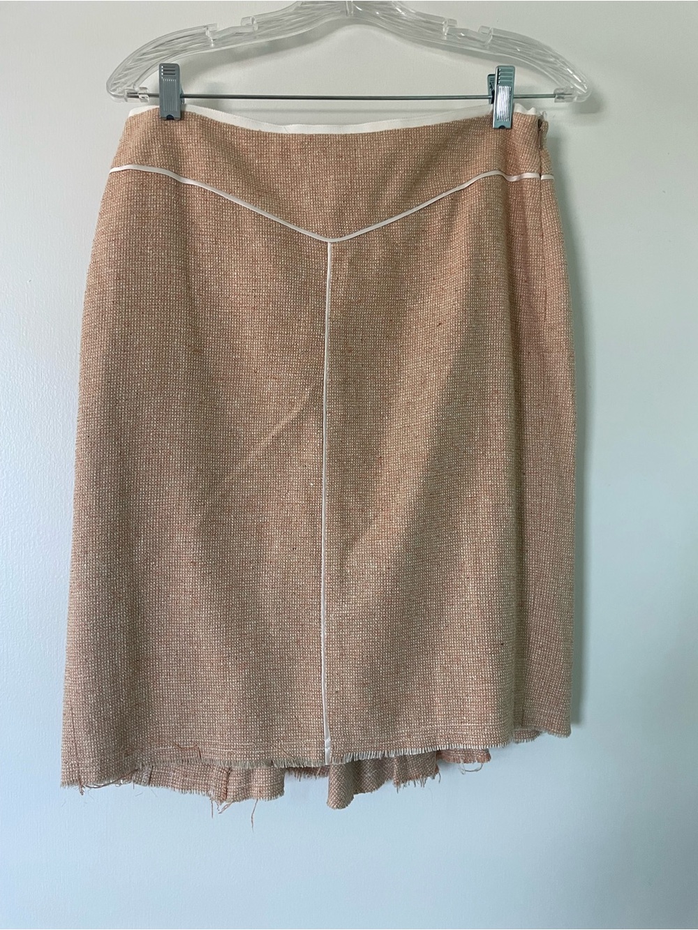 Peach-Tan Tweed Pencil Skirt with Contrast Piping